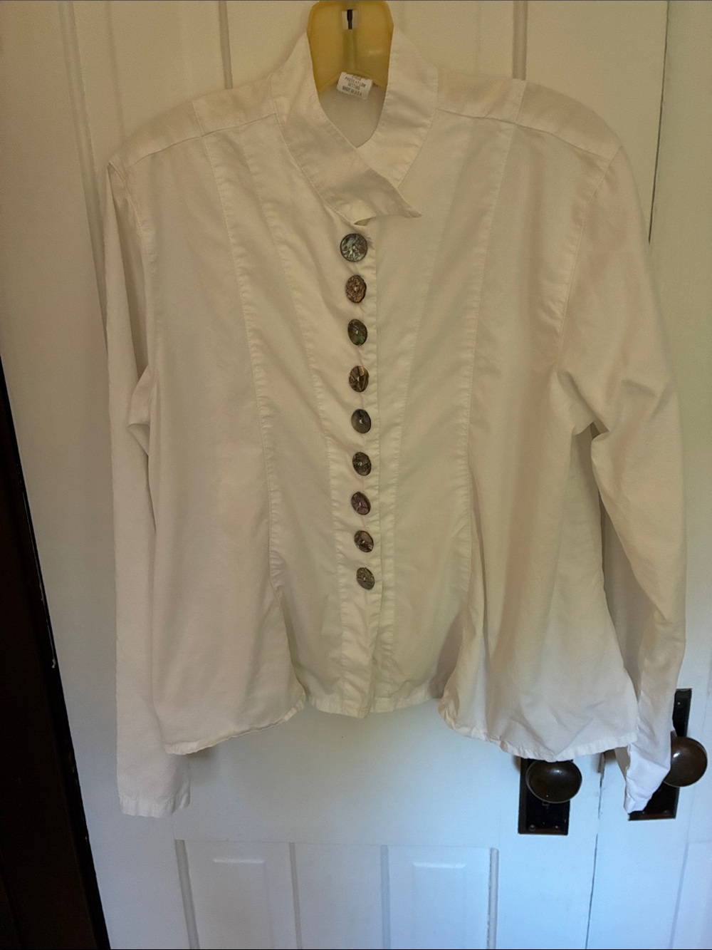 Gertie's, white with shell buttons, long sleeve.